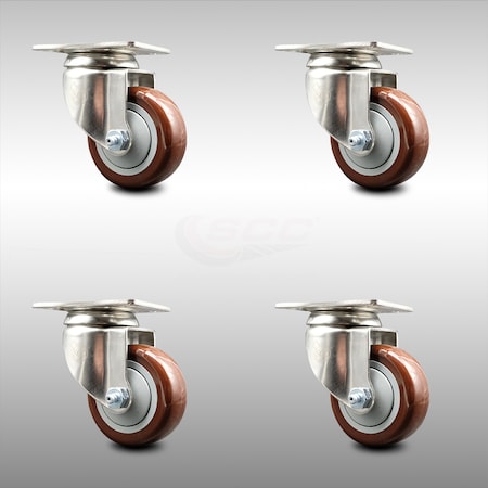 Service Caster 3.5 Inch 316SS Maroon Polyurethane Wheel Swivel Top Plate Caster Set SCC SCC-SS31620S3514-PPUB-MRN-4